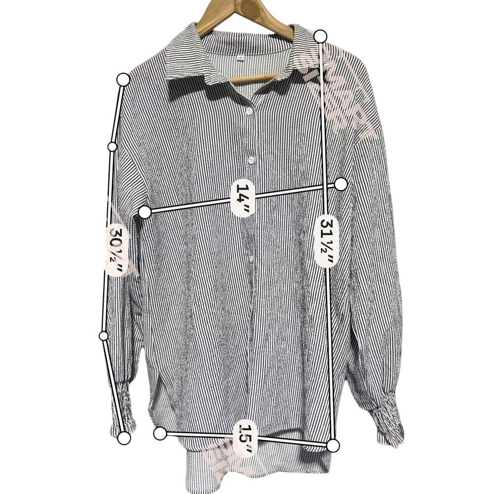 Large Black White Striped Button Front Long Sleeve Blouse Shirt - Picture 2 of 5